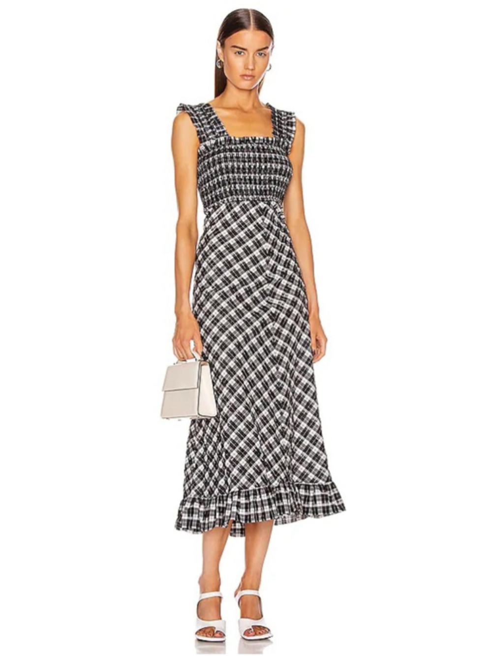 Ganni Black and White Seersucker Check Midi Dress Size EU 36 US 4
